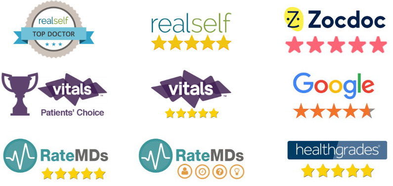 Dr. Zuckerman receives near five star ratings across all major patient review sites including RealSelf (and is a TopDoctor), ZocDoc, Google, RateMDs, Healthgrades, Vitals.com.