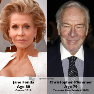 A comparison of the actors and celebrities Jane Fonda and Christopher Plummer at age 80. Ms. Fonda has discussed her plastic surgery.